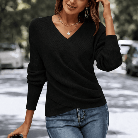 Women's Crossover Wrap V-Neck Knitted Jumper Top