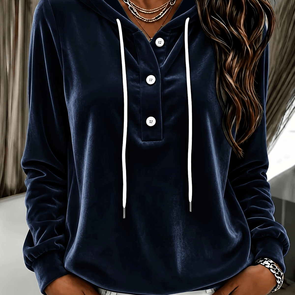 Women's Velvet Hooded Sweatshirt with Button Placket and Drawstring