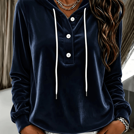 Women's Velvet Hooded Sweatshirt with Button Placket and Drawstring