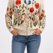 Botanical Print Zip-Up Knit Cardigan with Ribbed Trim