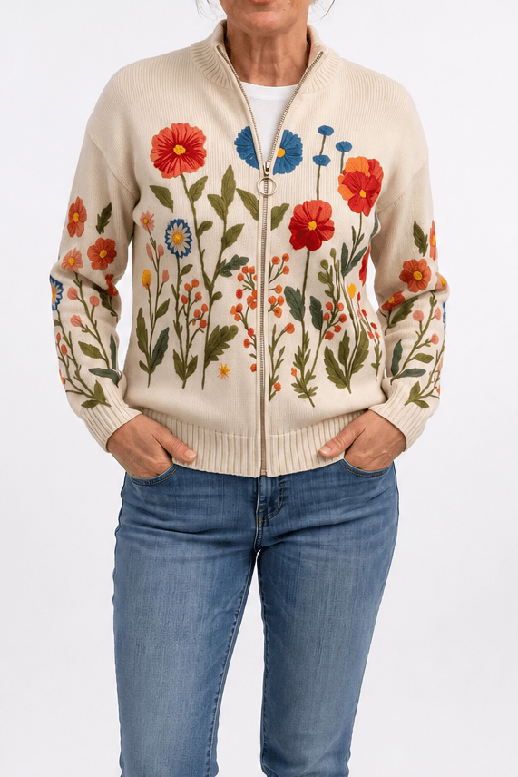 Botanical Print Zip-Up Knit Cardigan with Ribbed Trim