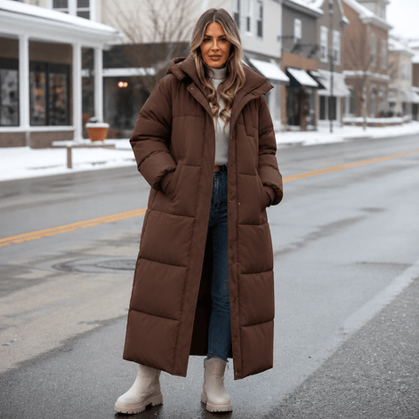 Women's Long Hooded Quilted Puffer Jacket with Pockets in Polyester