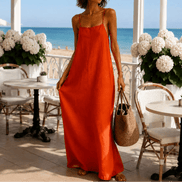 Women's Linen-Look Maxi Slip Dress with Adjustable Straps