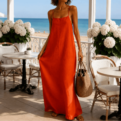 Women's Linen-Look Maxi Slip Dress with Adjustable Straps