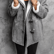 Women's Hooded Faux Suede Toggle Coat with Plush Sherpa Lining