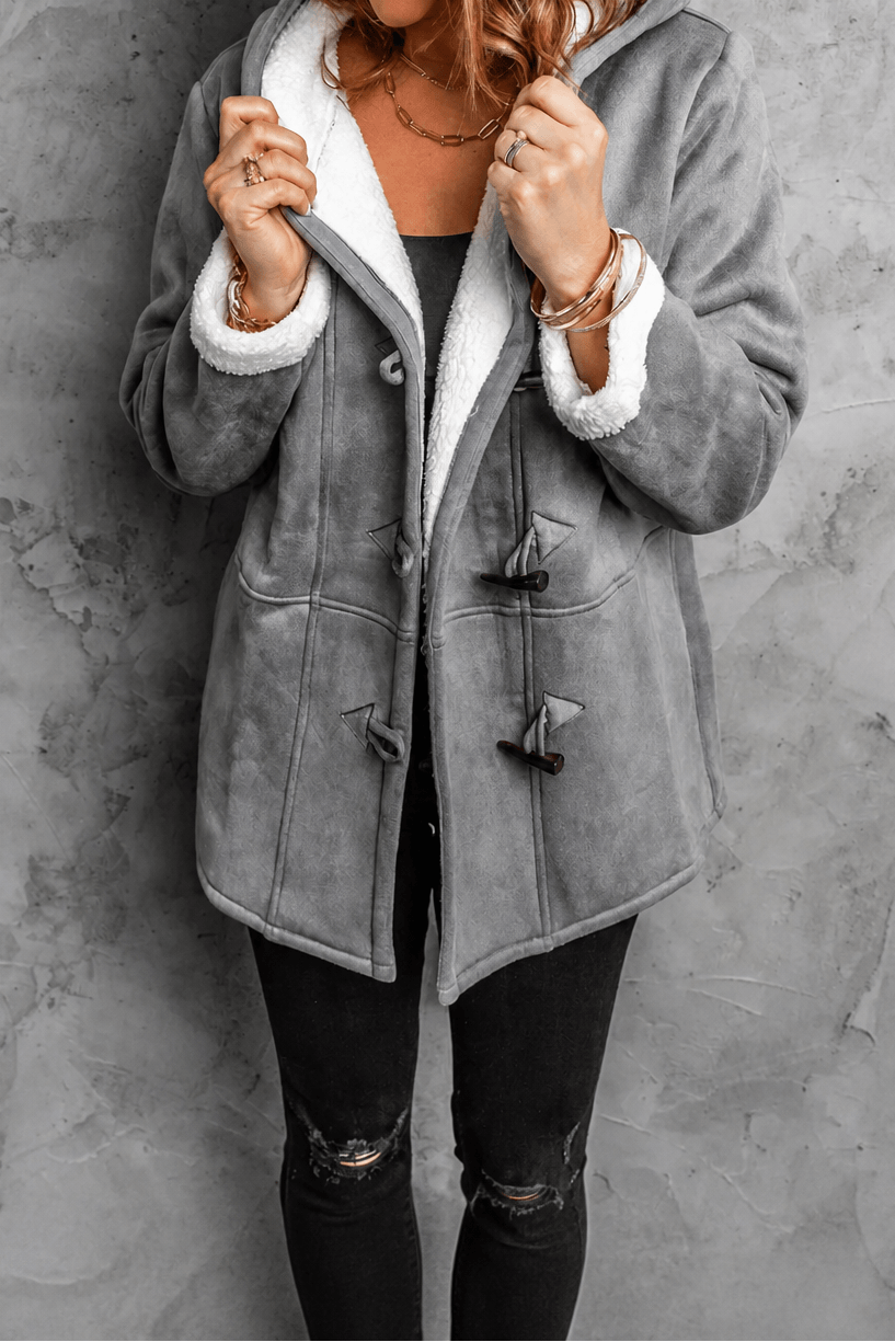 Women's Hooded Faux Suede Toggle Coat with Plush Sherpa Lining