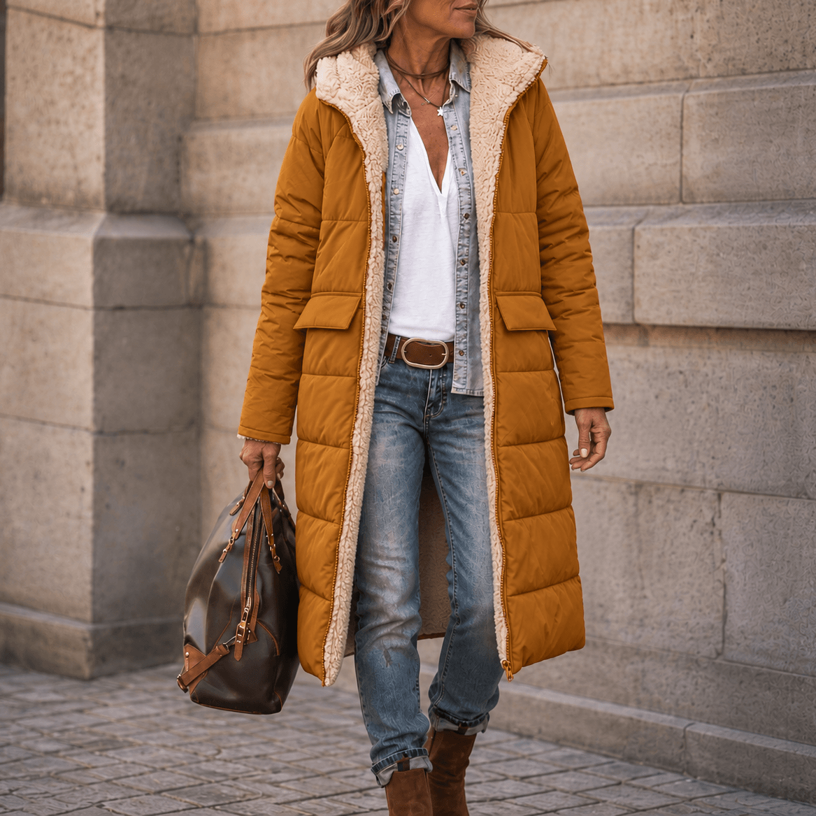 Reversible Hooded Long Puffer Coat with Faux Shearling Lining