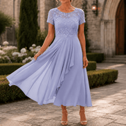Lace Bodice Chiffon Women's Midi Dress with Ruffle Skirt