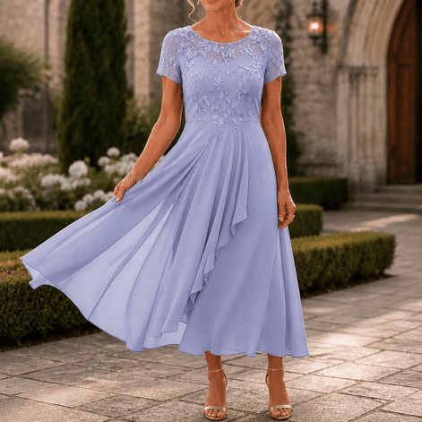 Lace Bodice Chiffon Women's Midi Dress with Ruffle Skirt