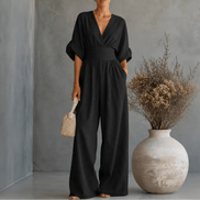 Wide Leg V-Neck Jumpsuit with Pleated Waist Sash for Women