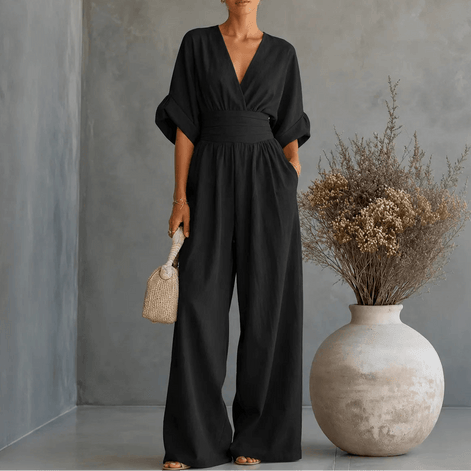 Wide Leg V-Neck Jumpsuit with Pleated Waist Sash for Women