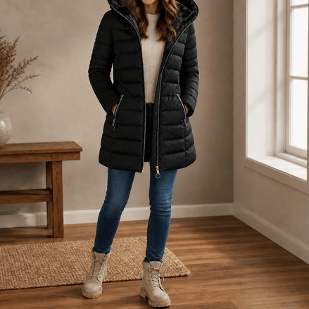 Women's Plush-Lined Hooded Longline Quilted Puffer Jacket