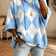 Women's Hooded Argyle Batwing Poncho Knitted Jumper with Relaxed Fit