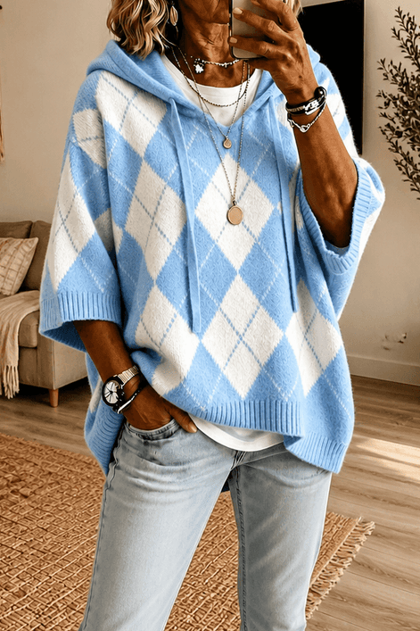 Women's Hooded Argyle Batwing Poncho Knitted Jumper with Relaxed Fit