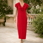 Ruffled V-Neck Maxi Dress with Hidden Pockets for Women