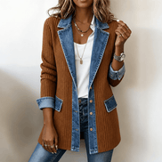 Ribbed Knit Longline Cardigan Coat with Denim Panel Detail