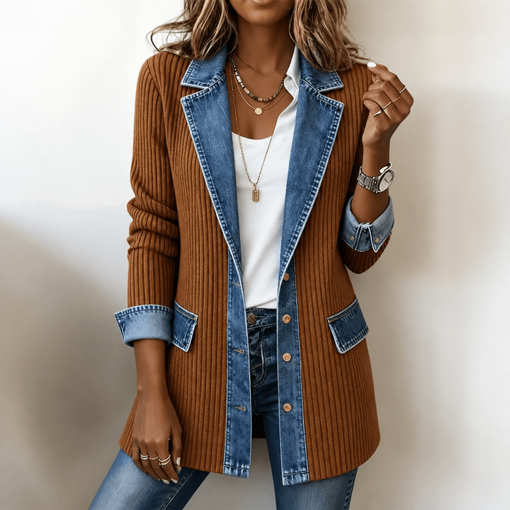 Ribbed Knit Longline Cardigan Coat with Denim Panel Detail
