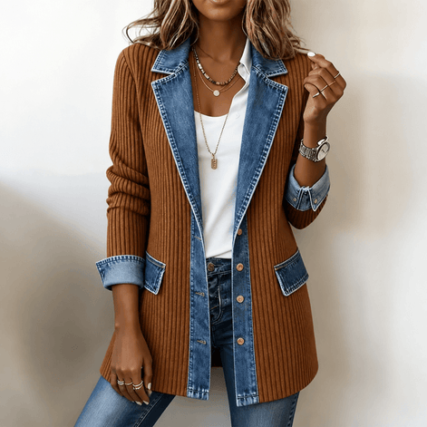 Ribbed Knit Longline Cardigan Coat with Denim Panel Detail