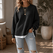 Women's Drop-Shoulder Lantern Sleeve Chunky Knitted Jumper with Side Slits