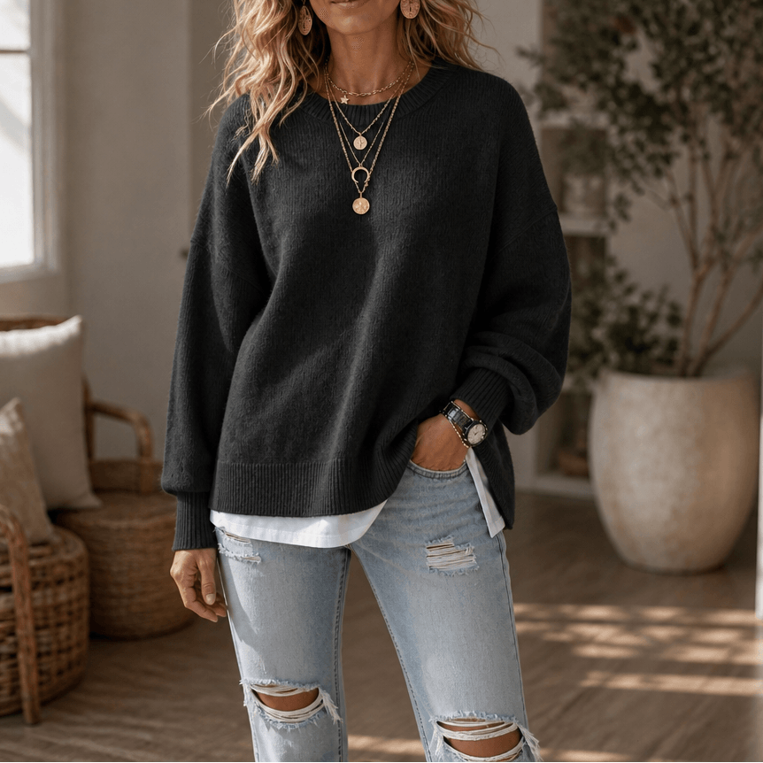 Women's Drop-Shoulder Lantern Sleeve Chunky Knitted Jumper with Side Slits