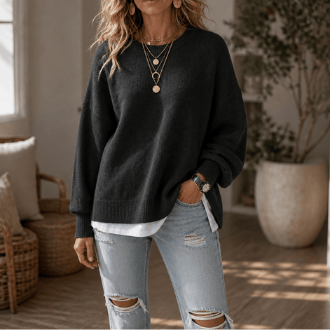 Women's Drop-Shoulder Lantern Sleeve Chunky Knitted Jumper with Side Slits