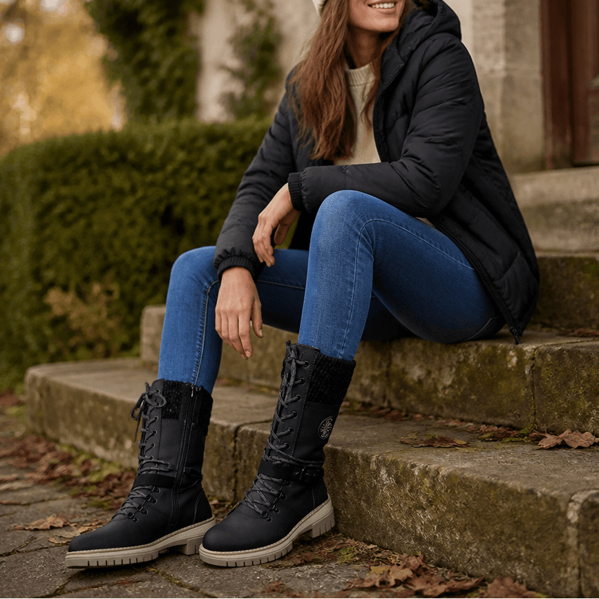 Women's Knit-Cuff Lace-Up Winter Boots with Buckle Strap