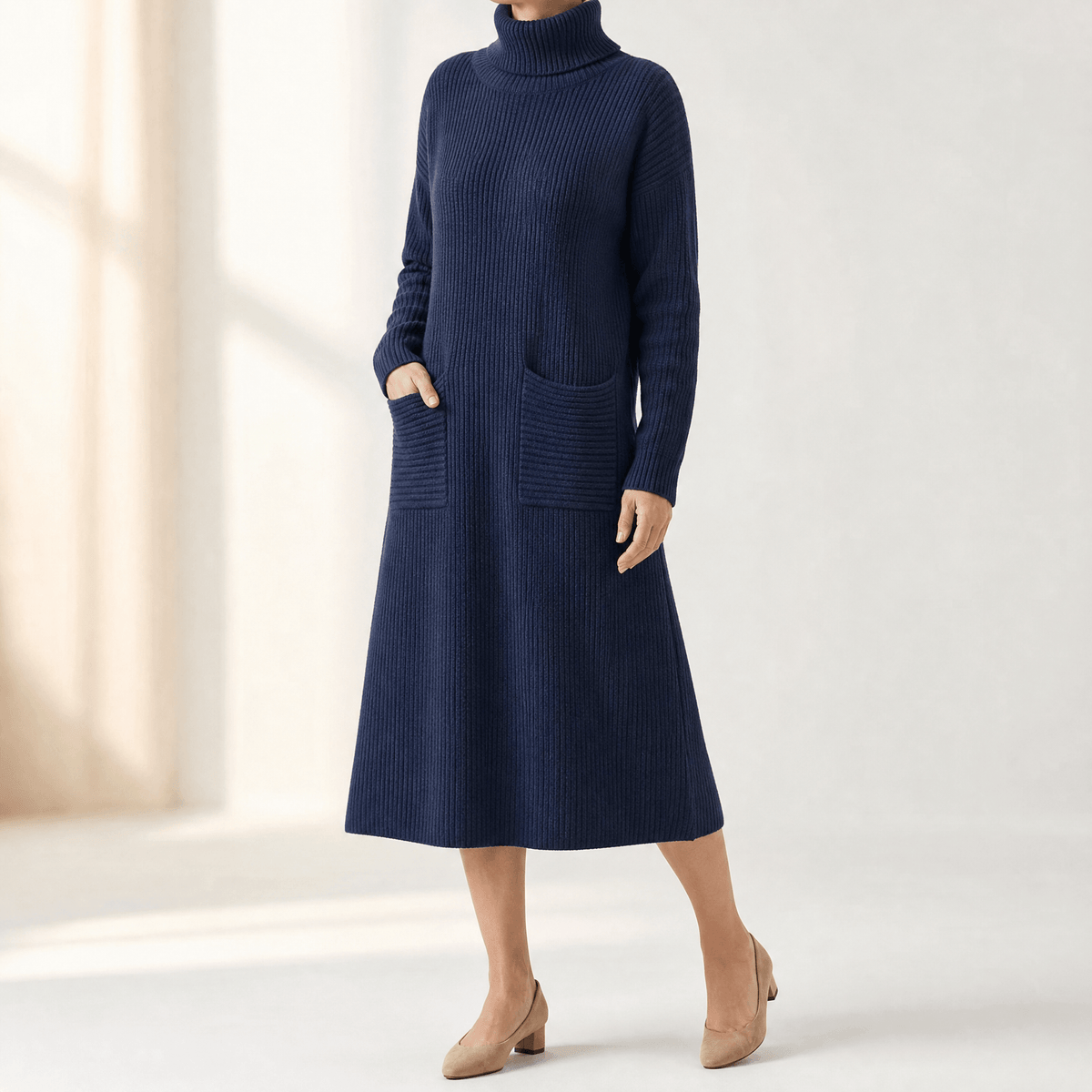 Velara Women's Turtleneck Knitted Jumper Dress with Pockets