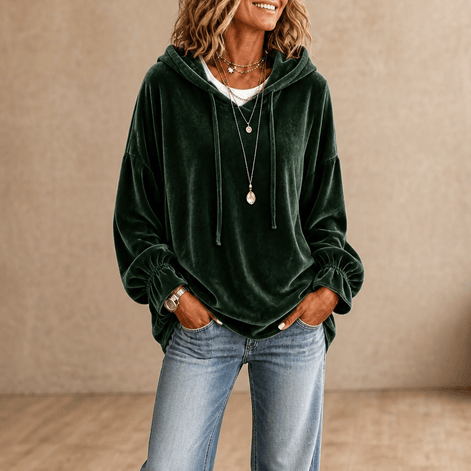 Ruffle Cuff Velvet Hoodie with Dropped Shoulder for Women