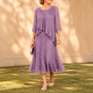 Elavine Sheer-Sleeve Floral Lace Overlay Chiffon Women's Midi Dress