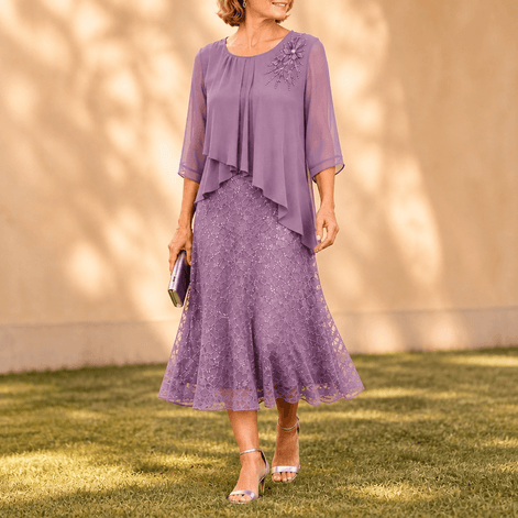 Elavine Sheer-Sleeve Floral Lace Overlay Chiffon Women's Midi Dress