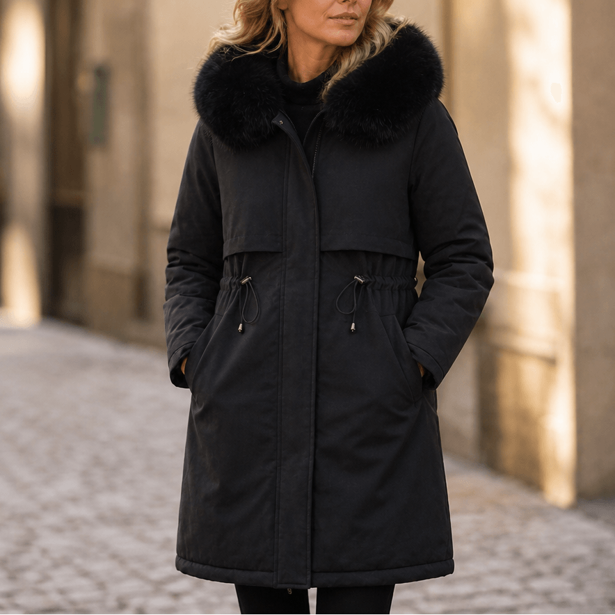 Women's Hooded Mid-Length Parka Coat with Faux-Fur Trim
