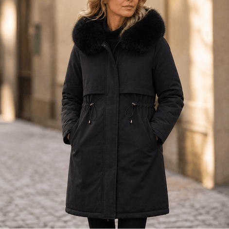 Women's Hooded Mid-Length Parka Coat with Faux-Fur Trim