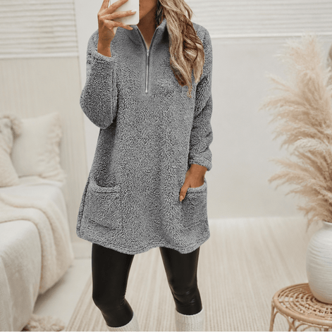 Women's Longline Half-Zip Sherpa Fleece Pullover with Pockets