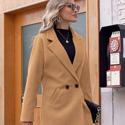 Women's Notch Lapel Double-Breasted Long Wool Winter Coat with Side Pockets