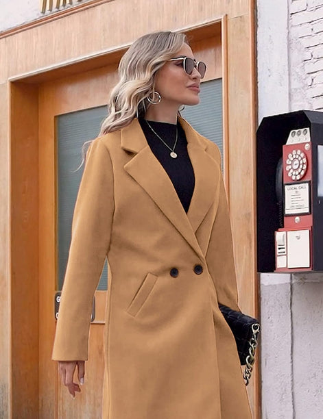 Women's Notch Lapel Double-Breasted Long Wool Winter Coat with Side Pockets