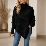 Women's Cable-Knit Turtleneck Poncho Jumper with Ribbed Trim