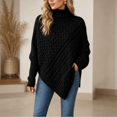 Women's Cable-Knit Turtleneck Poncho Jumper with Ribbed Trim