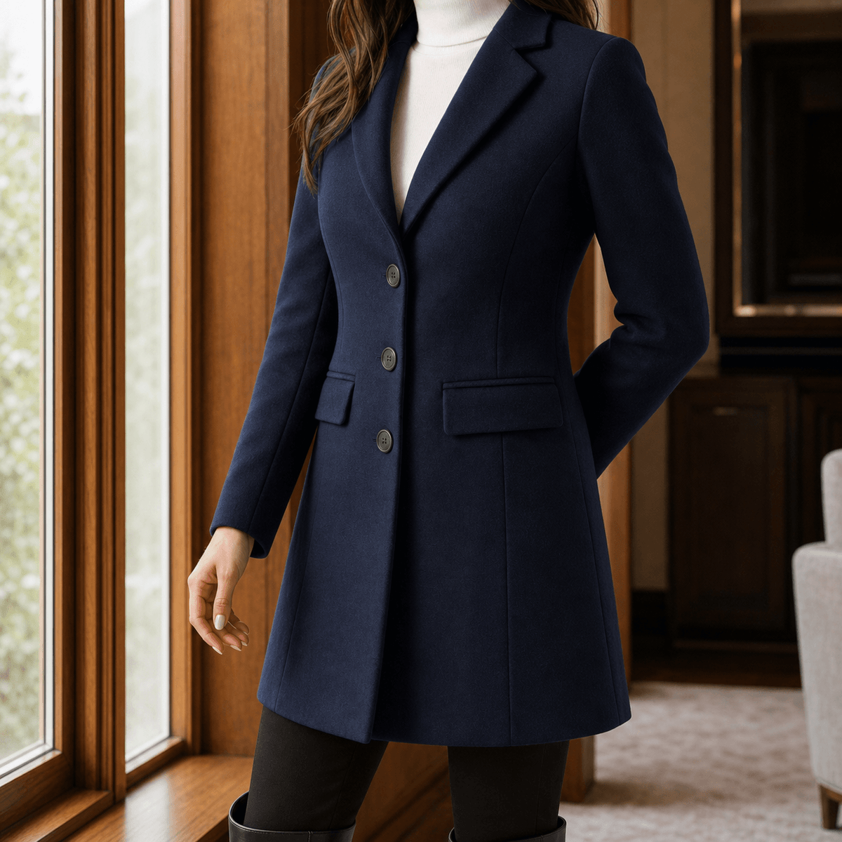 Women's Tailored Wool-Blend Winter Coat with Notched Lapels
