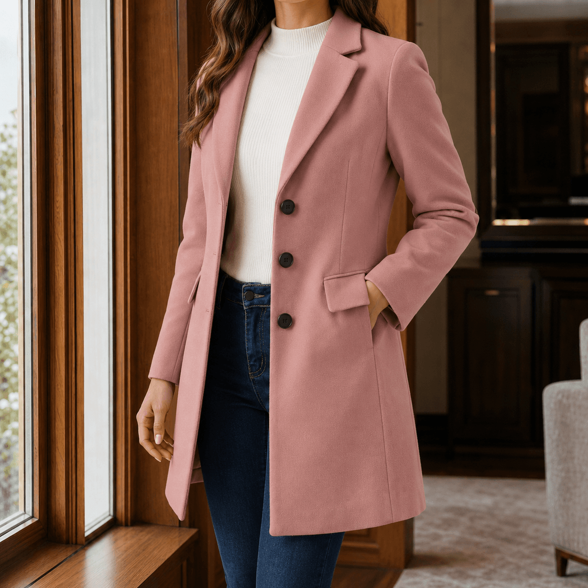 Women's Tailored Wool-Blend Winter Coat with Notched Lapels