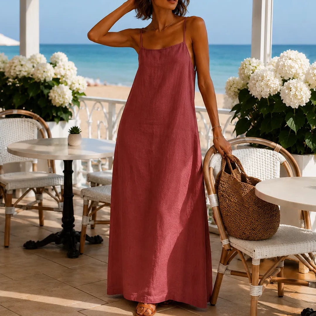 Women's Linen-Look Maxi Slip Dress with Adjustable Straps