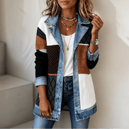 Ribbed Knit Longline Cardigan Coat with Denim Panel Detail