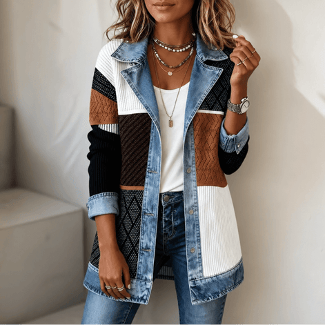 Ribbed Knit Longline Cardigan Coat with Denim Panel Detail