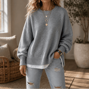 Women's Drop-Shoulder Lantern Sleeve Chunky Knitted Jumper with Side Slits