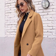 Women's Notch Lapel Double-Breasted Long Wool Winter Coat with Side Pockets