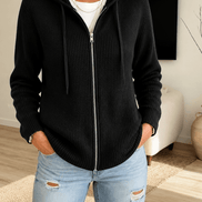 Women's Ribbed Zip-Up Hooded Cardigan with Drawstring Hood