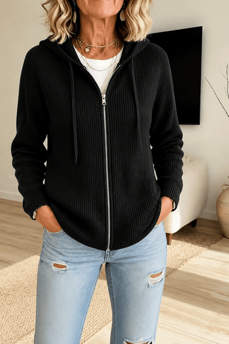 Women's Ribbed Zip-Up Hooded Cardigan with Drawstring Hood