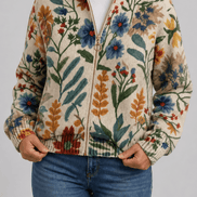 Botanical Print Zip-Up Knit Cardigan with Ribbed Trim