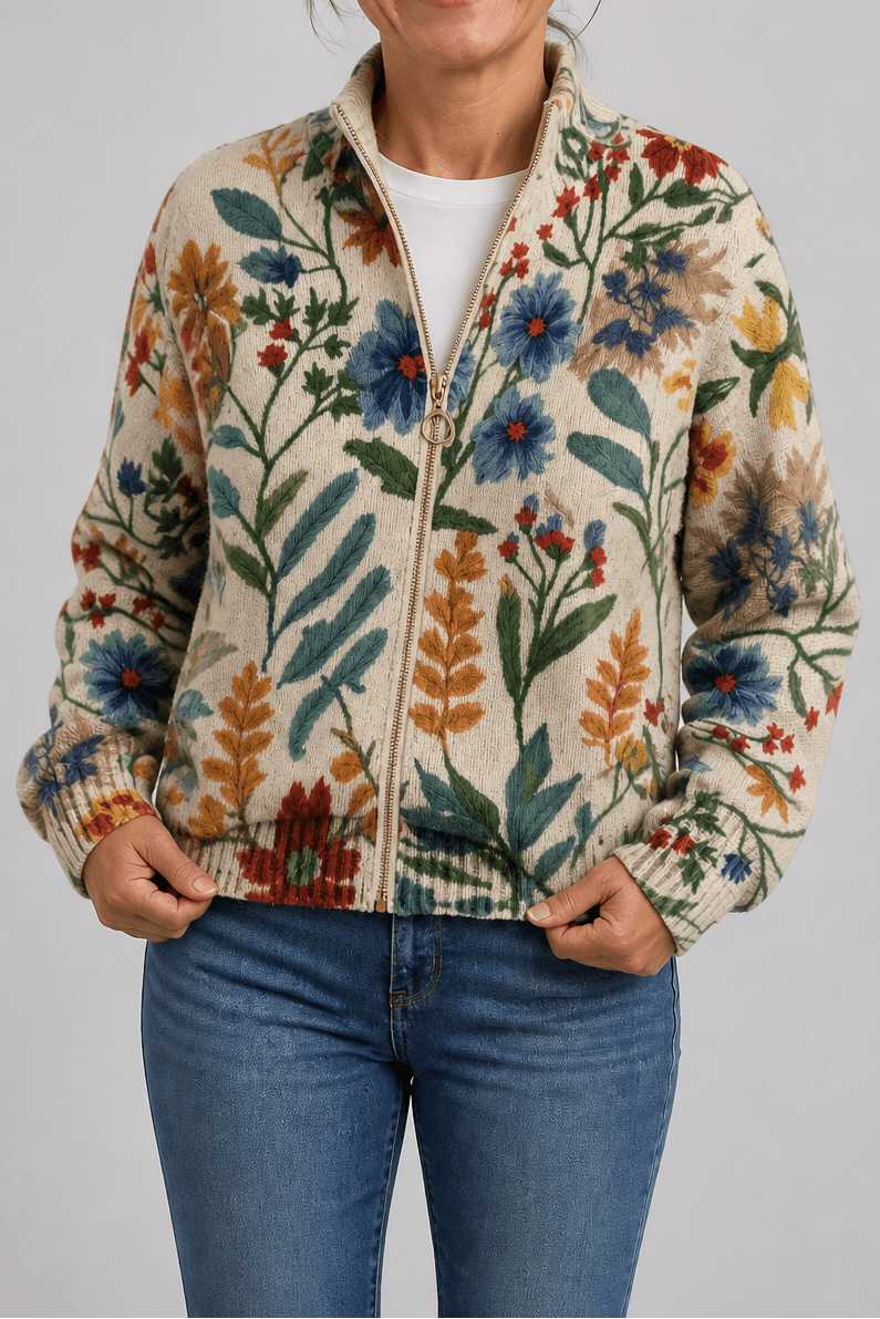 Botanical Print Zip-Up Knit Cardigan with Ribbed Trim