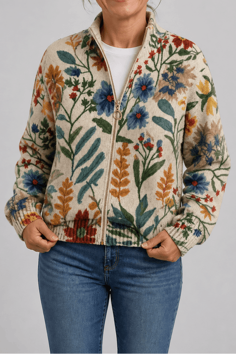 Botanical Print Zip-Up Knit Cardigan with Ribbed Trim