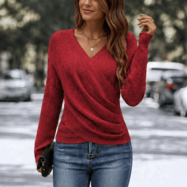 Women's Crossover Wrap V-Neck Knitted Jumper Top
